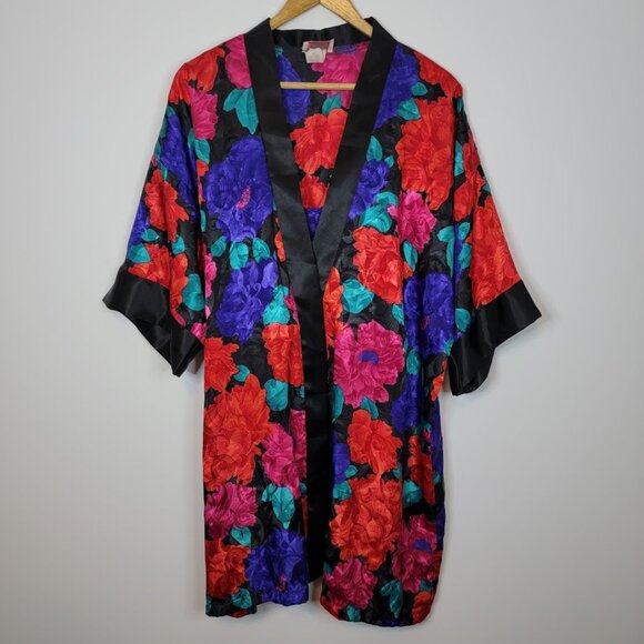 Vtg Beaux Reves LA Intimates Robe Slip Dress Set Sz L Satin Floral Lingerie 90s